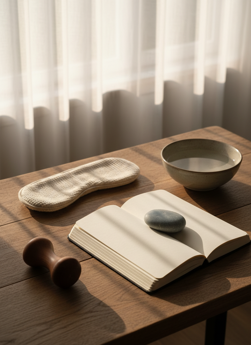 An open journal with creamy, unlined pages lies on a natural wooden table, its spine slightly curved, accompanied by a single, smooth river stone placed at the center of one page as if it were a point of focus. Around the journal, there are neatly arranged tactile objects: a folded cotton blindfold, a small wooden massage tool, and a bowl of water reflecting ambient light. Soft, warm afternoon light filters through sheer curtains, casting delicate reflections and shadows across the objects. Shot from a slightly elevated angle in photographic realism, the scene feels professional yet intimate, evoking mindful self-exploration and the subtlety of conscious touch without any human presence.