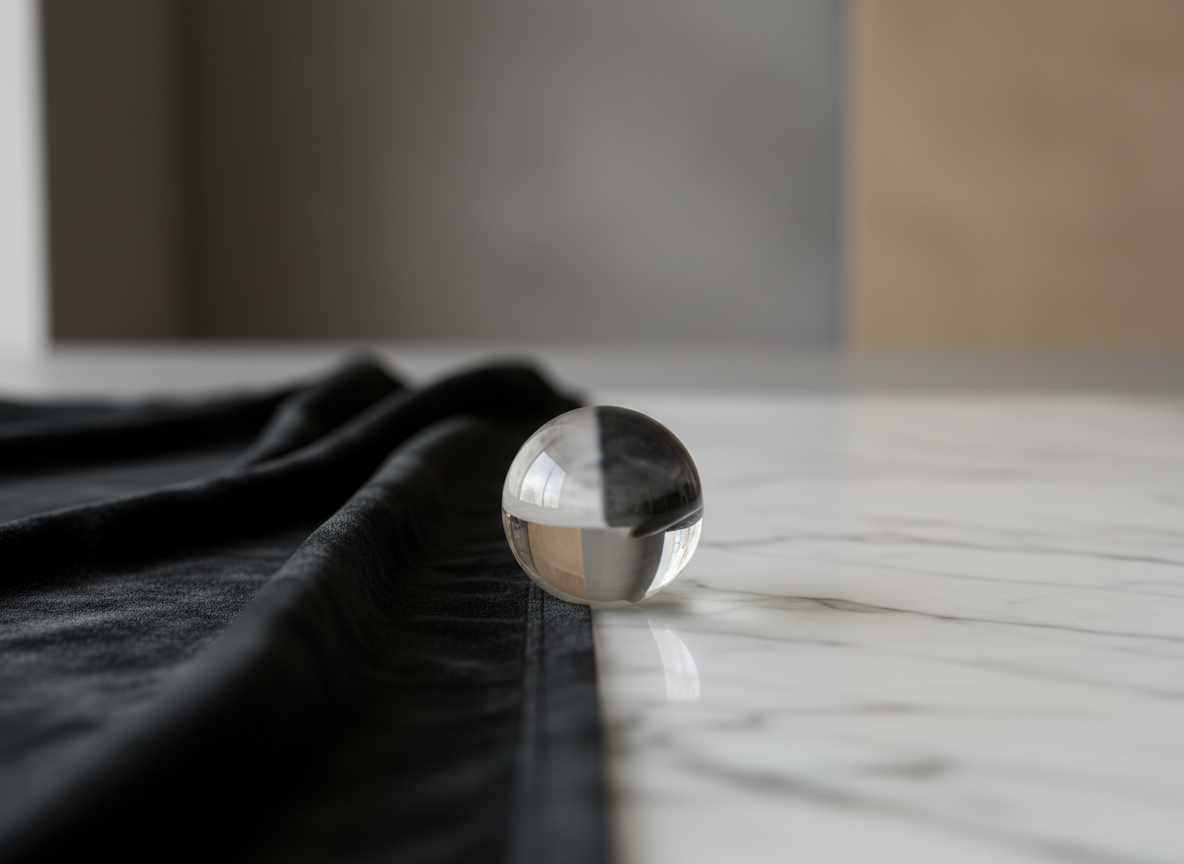 A close-up, photographic-realistic scene of two contrasting materials meeting at the center of the frame: a velvety dark fabric with deep texture against a smooth, pale marble surface with faint veins. At the junction rests a single glass sphere, clear and flawlessly polished, catching soft studio light that creates subtle reflections and tiny highlights within it. The background falls into gentle blur, with muted grays and warm beige tones suggesting a carefully designed, professional environment. Shot at eye level with a shallow depth of field, the composition uses rule of thirds to emphasize the point of contact, communicating the theme of self-awareness in touch through material contrast and refined simplicity.