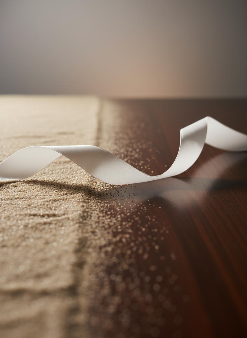 An abstract, photographic-realistic still life symbolizing “Selbstbewusstsein in der Berührung”: a narrow strip of fine-grain sand transitions into a polished dark wood surface, with a single white silk ribbon gently looping from one texture to the other. Tiny grains of sand cling to the ribbon where it touches the sand, illuminated by soft, directional side light that creates intricate, delicate shadows. The background is a smooth, slightly blurred gradient of warm grays, enhancing focus on the subtle contact points. Shot at a low angle with a shallow depth of field and minimalist composition, the mood is contemplative and professional, expressing the paradox of sensitivity and strength in mindful touch.