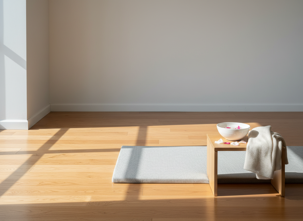 A serene corner of a professional studio featuring a low, light-gray futon-style mat with a finely textured fabric, neatly placed on a smooth, warm-toned wooden floor. Beside it stands a small, minimalist side table holding a ceramic bowl of water with floating petals and a folded, soft cotton blanket. Natural, diffused daylight enters from a large, off-frame window, casting gentle, horizontal shadows and a soothing glow across the scene. Photographic realism with a slightly wide-angle, eye-level composition, sharp focus throughout, and a calm, spacious atmosphere that invites introspection and body awareness, emphasizing a safe, grounded space for self-experience without showing any people.