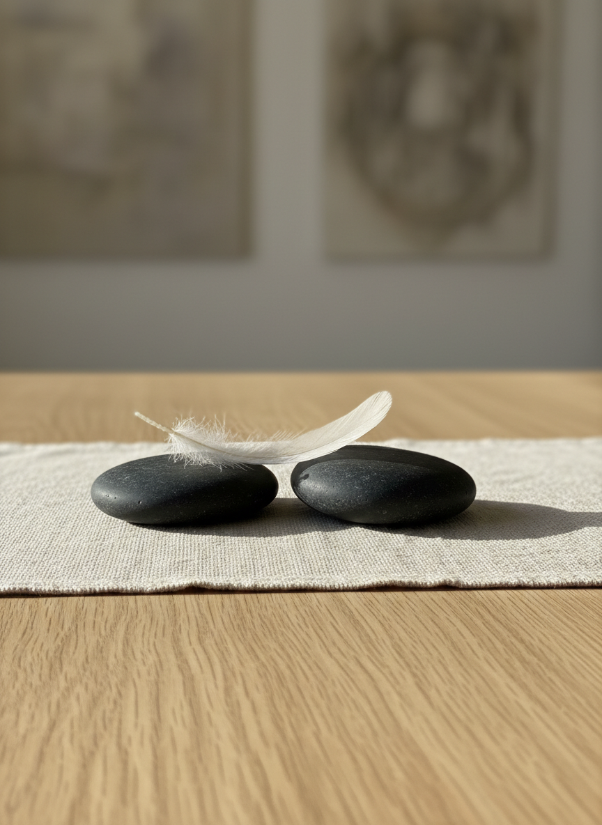 A pair of smooth basalt stones resting on a finely woven linen cloth, their dark, matte surfaces contrasted by a single delicate white feather lying between them, symbolizing paradox and balance. They are placed on a wide, light oak table in a minimalist studio space, with soft diffused daylight entering from an unseen window to the left, creating gentle, elongated shadows. In the blurred background, neutral-toned walls and a hint of abstract artwork suggest a professional, contemplative environment. Photographic realism with a shallow depth of field, eye-level composition, and a calm, introspective atmosphere that conveys self-awareness through subtle contrasts in texture, weight, and light.