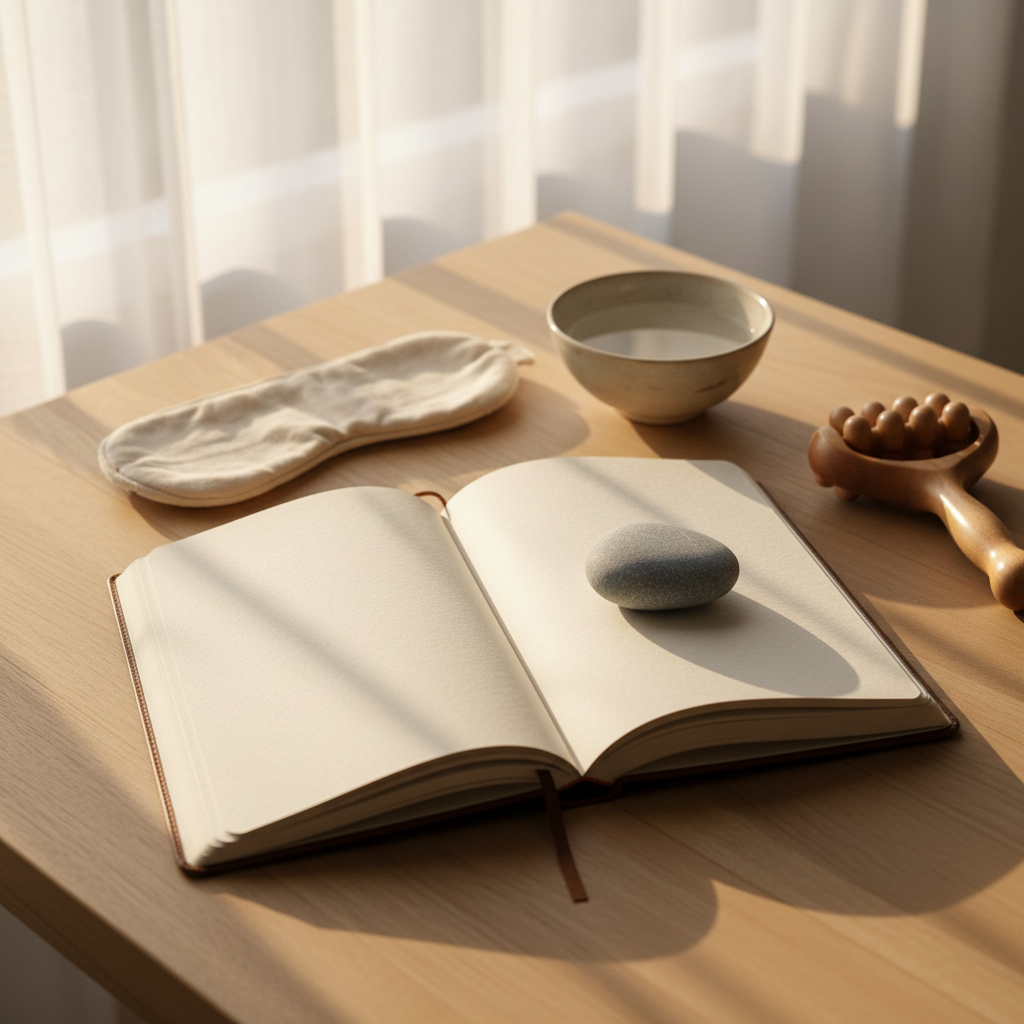 An open journal with creamy, unlined pages lies on a natural wooden table, its spine slightly curved, accompanied by a single, smooth river stone placed at the center of one page as if it were a point of focus. Around the journal, there are neatly arranged tactile objects: a folded cotton blindfold, a small wooden massage tool, and a bowl of water reflecting ambient light. Soft, warm afternoon light filters through sheer curtains, casting delicate reflections and shadows across the objects. Shot from a slightly elevated angle in photographic realism, the scene feels professional yet intimate, evoking mindful self-exploration and the subtlety of conscious touch without any human presence.