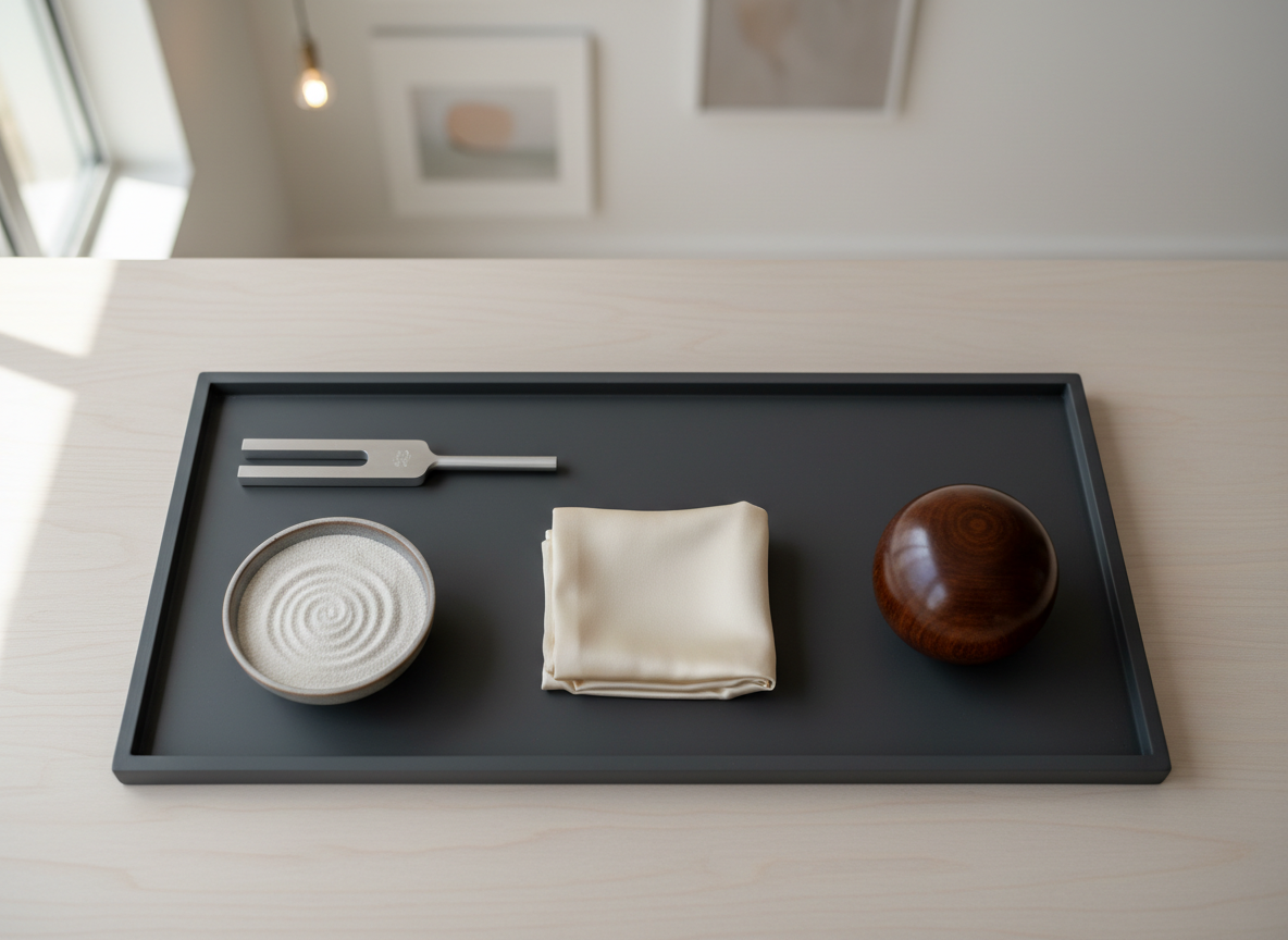 A neatly arranged set of sensory objects placed on a wide, matte charcoal tray: a brushed metal tuning fork, a small bowl filled with fine white sand, a folded silk scarf, and a polished wooden sphere, each object carefully spaced to invite exploration. The tray rests on a pale wooden surface in a serene studio room with minimalist decor and soft, neutral walls. Gentle overhead lighting combined with subtle side light from a window creates a balanced, professional ambiance, highlighting the textures of each item. Captured from a top-down, bird’s eye perspective in high-resolution photographic realism, the image conveys structured, intentional self-experience and the nuanced quality of conscious touch through organized, tactile elements.