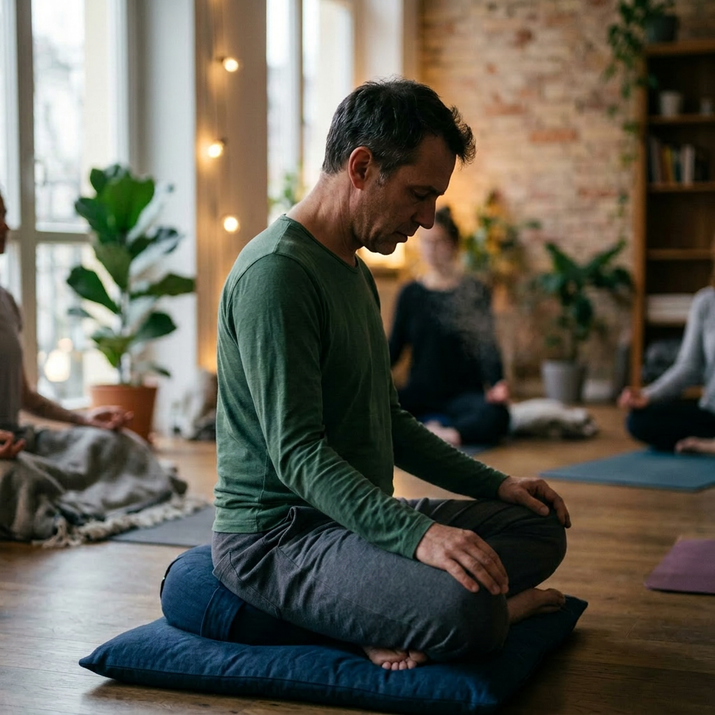 Man sitting cross-legged on cushions meditating indoors with group